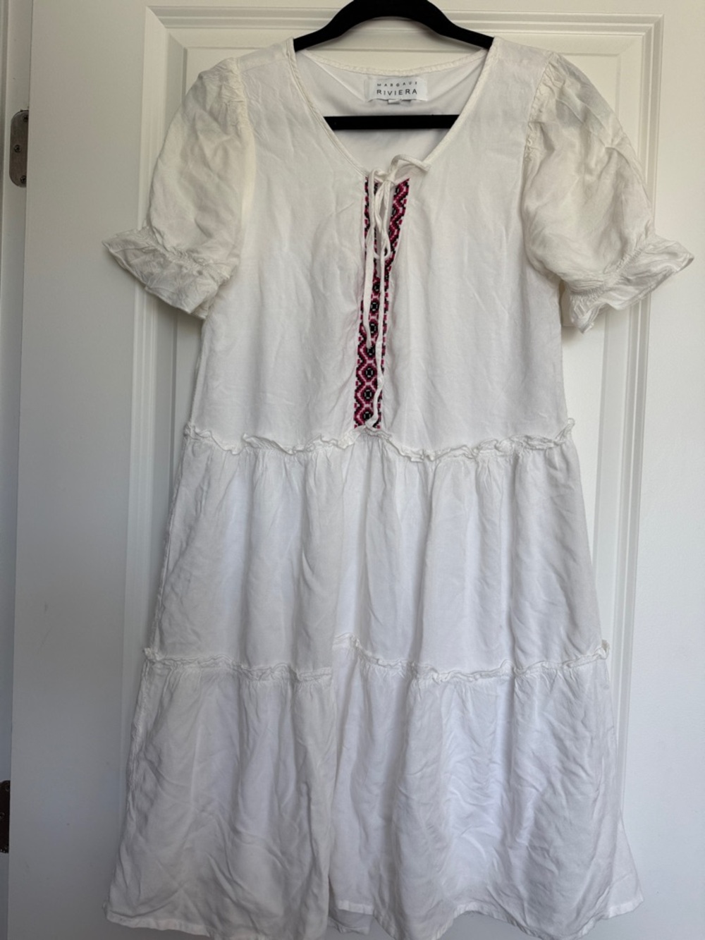 Riviera White Tiered Dress with Pink & Black Embroidery